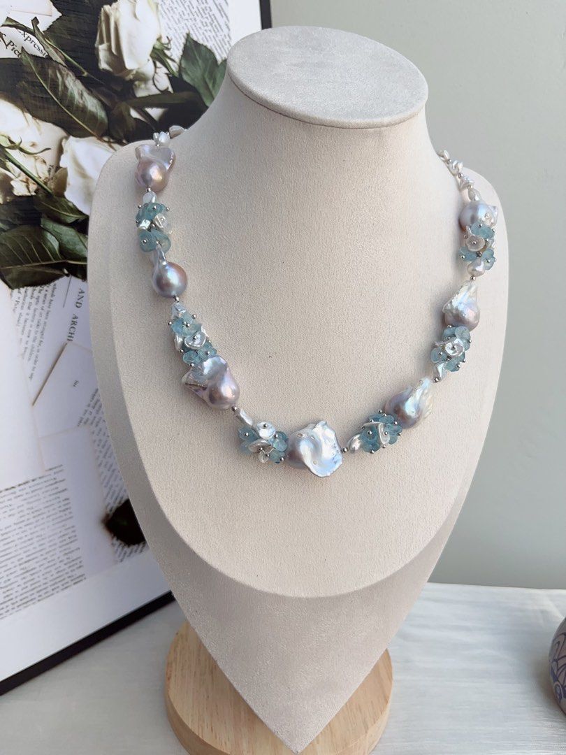 #PN860 [Floral Series] Freshwater Pearl Necklace | Grey-blue Irregular Stone, Petals, Fishtail Baroque | Aquamarine |Summer Vacation | Perfect for Wedding, Anniversary, Birthday Gift 🎁