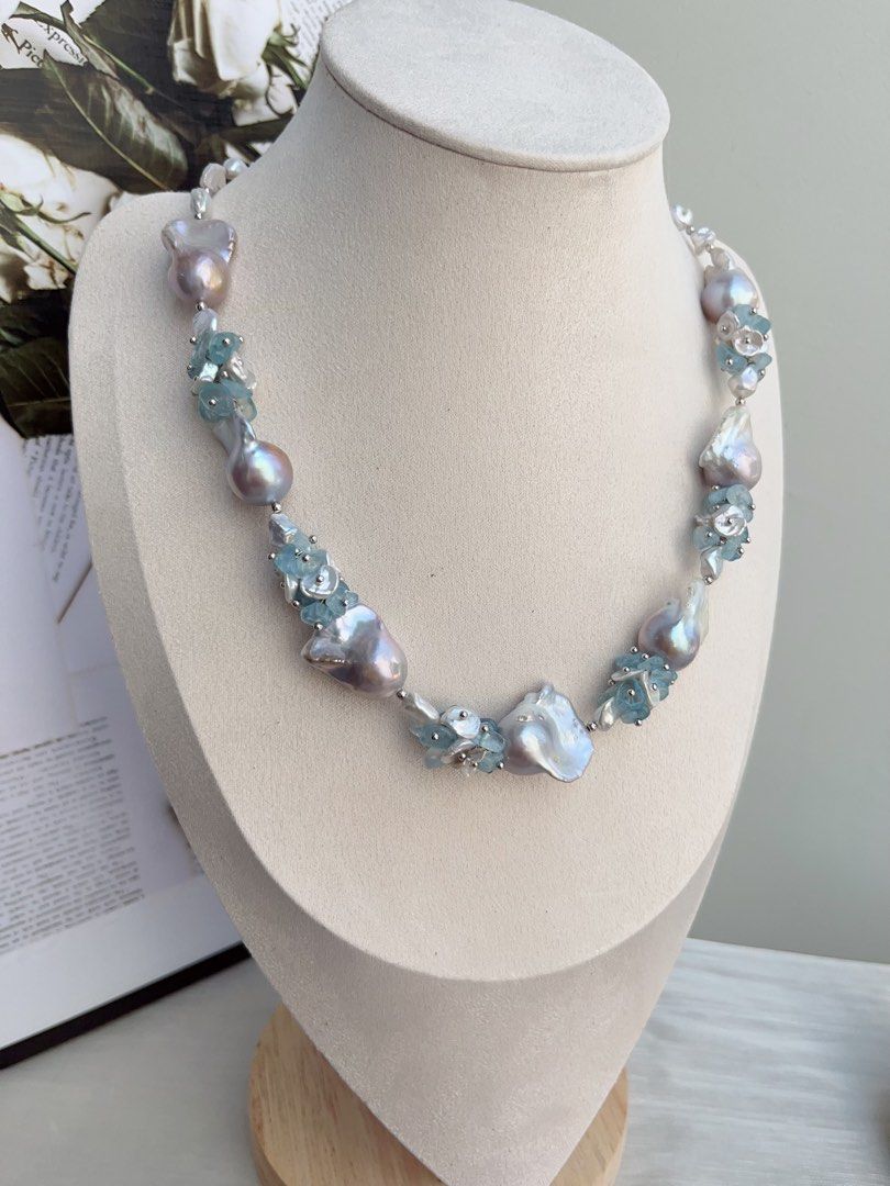 #PN860 [Floral Series] Freshwater Pearl Necklace | Grey-blue Irregular Stone, Petals, Fishtail Baroque | Aquamarine |Summer Vacation | Perfect for Wedding, Anniversary, Birthday Gift 🎁