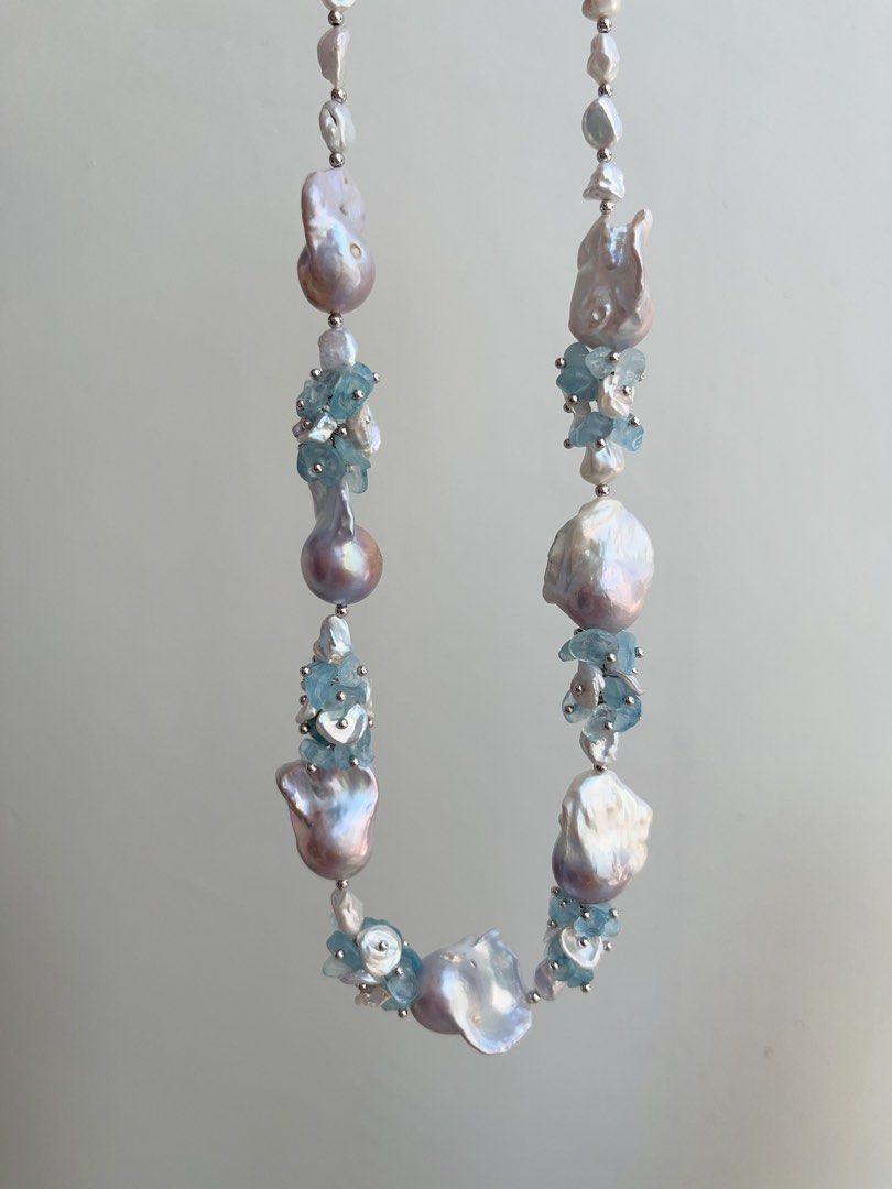#PN860 [Floral Series] Freshwater Pearl Necklace | Grey-blue Irregular Stone, Petals, Fishtail Baroque | Aquamarine |Summer Vacation | Perfect for Wedding, Anniversary, Birthday Gift 🎁