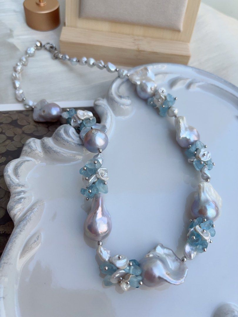 #PN860 [Floral Series] Freshwater Pearl Necklace | Grey-blue Irregular Stone, Petals, Fishtail Baroque | Aquamarine |Summer Vacation | Perfect for Wedding, Anniversary, Birthday Gift 🎁