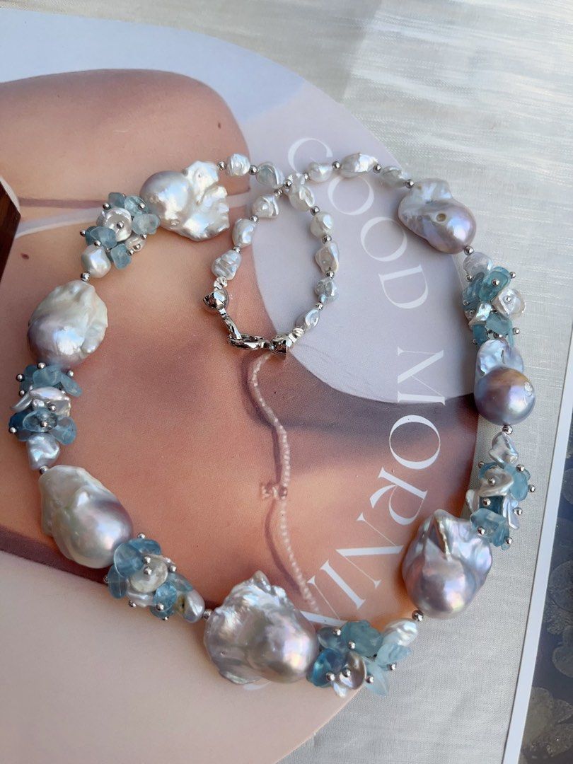 #PN860 [Floral Series] Freshwater Pearl Necklace | Grey-blue Irregular Stone, Petals, Fishtail Baroque | Aquamarine |Summer Vacation | Perfect for Wedding, Anniversary, Birthday Gift 🎁
