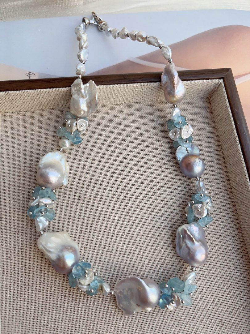 #PN860 [Floral Series] Freshwater Pearl Necklace | Grey-blue Irregular Stone, Petals, Fishtail Baroque | Aquamarine |Summer Vacation | Perfect for Wedding, Anniversary, Birthday Gift 🎁