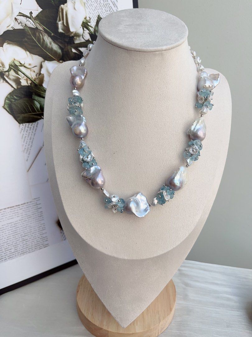 #PN860 [Floral Series] Freshwater Pearl Necklace | Grey-blue Irregular Stone, Petals, Fishtail Baroque | Aquamarine |Summer Vacation | Perfect for Wedding, Anniversary, Birthday Gift 🎁