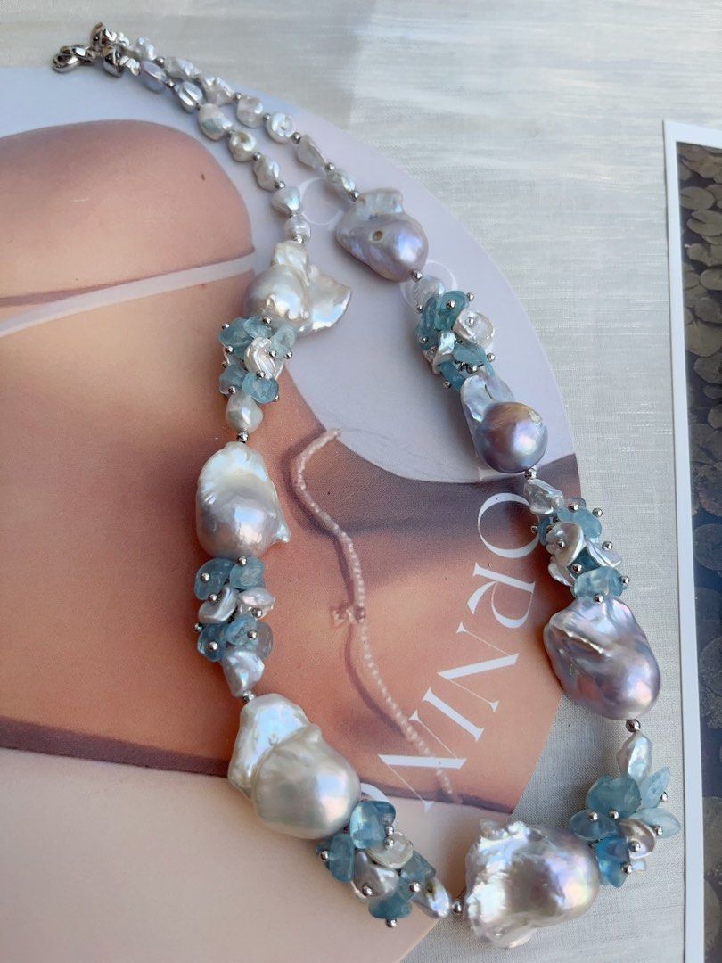 #PN860 [Floral Series] Freshwater Pearl Necklace | Grey-blue Irregular Stone, Petals, Fishtail Baroque | Aquamarine |Summer Vacation | Perfect for Wedding, Anniversary, Birthday Gift 🎁