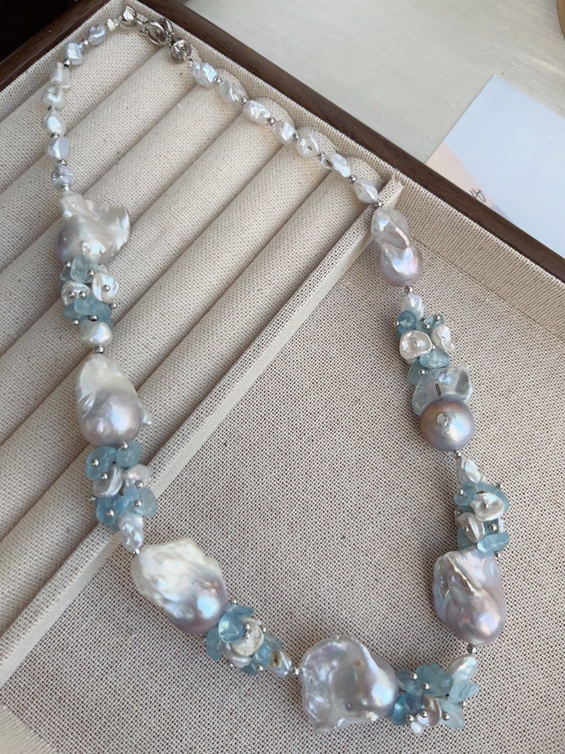 #PN860 [Floral Series] Freshwater Pearl Necklace | Grey-blue Irregular Stone, Petals, Fishtail Baroque | Aquamarine |Summer Vacation | Perfect for Wedding, Anniversary, Birthday Gift 🎁