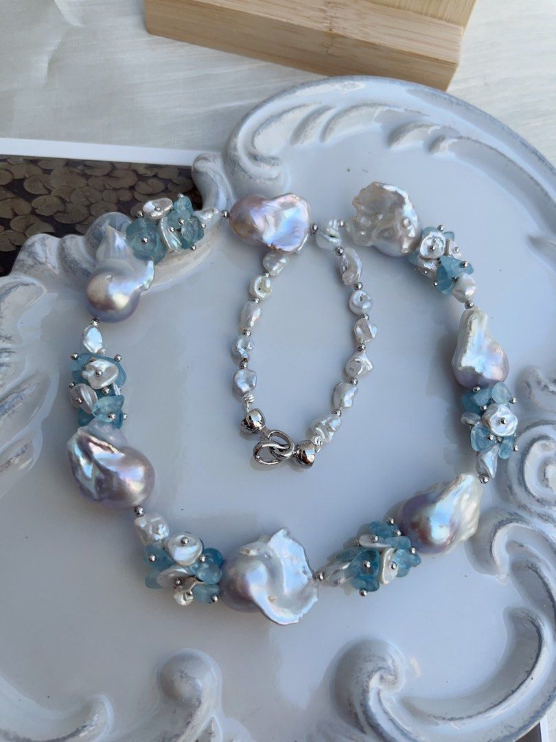 #PN860 [Floral Series] Freshwater Pearl Necklace | Grey-blue Irregular Stone, Petals, Fishtail Baroque | Aquamarine |Summer Vacation | Perfect for Wedding, Anniversary, Birthday Gift 🎁