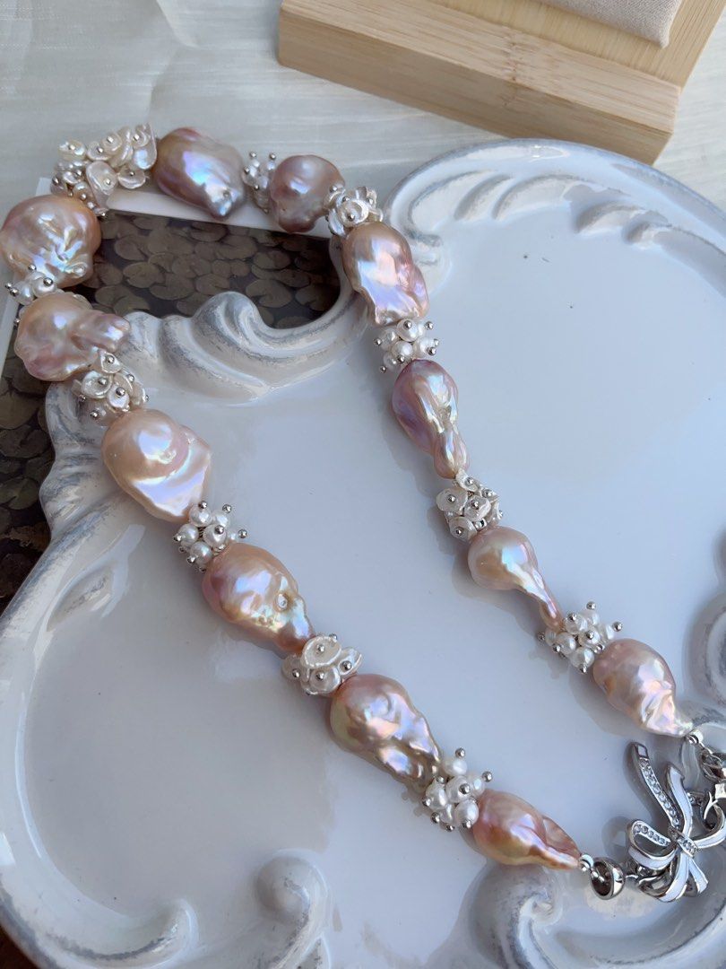 #PN862 [Floral Series] Freshwater Pearl Necklace | Champagne-Purple Lustre Fishtail Baroque | Pearl Petal | Excellent Lustre| Heavy Craft | High-end Jewelry | Weight of Crown| Wedding, Anniversary Gifts 🎁| For Special Events