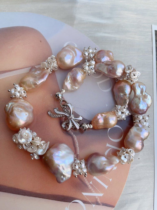 #PN862 [Floral Series] Freshwater Pearl Necklace | Champagne-Purple Lustre Fishtail Baroque | Pearl Petal | Excellent Lustre| Heavy Craft | High-end Jewelry | Weight of Crown| Wedding, Anniversary Gifts 🎁| For Special Events