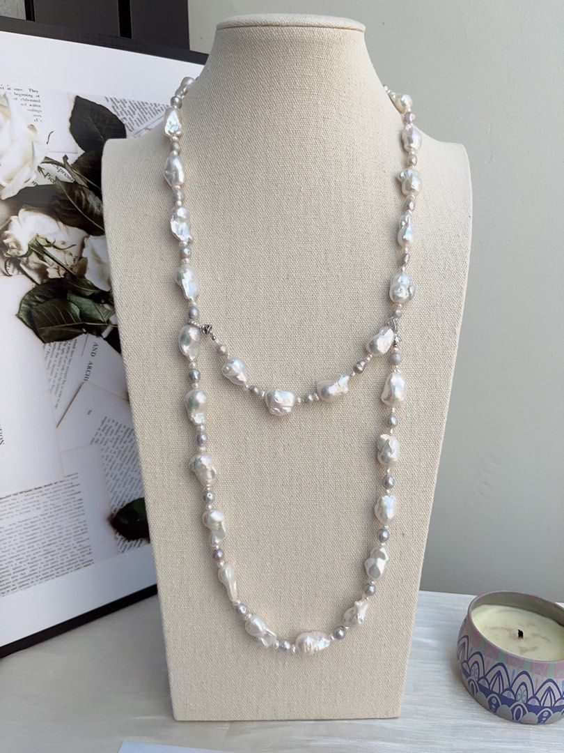 #PN863 Freshwater Pearl Necklace |98cm Long Sweater Necklace | Flexible Wearing Length| Multiple Way of Wearing | Small-medium Fishtail Baroque | Two Rounds| Powerful & Elegant | Perfect for Gift 💝