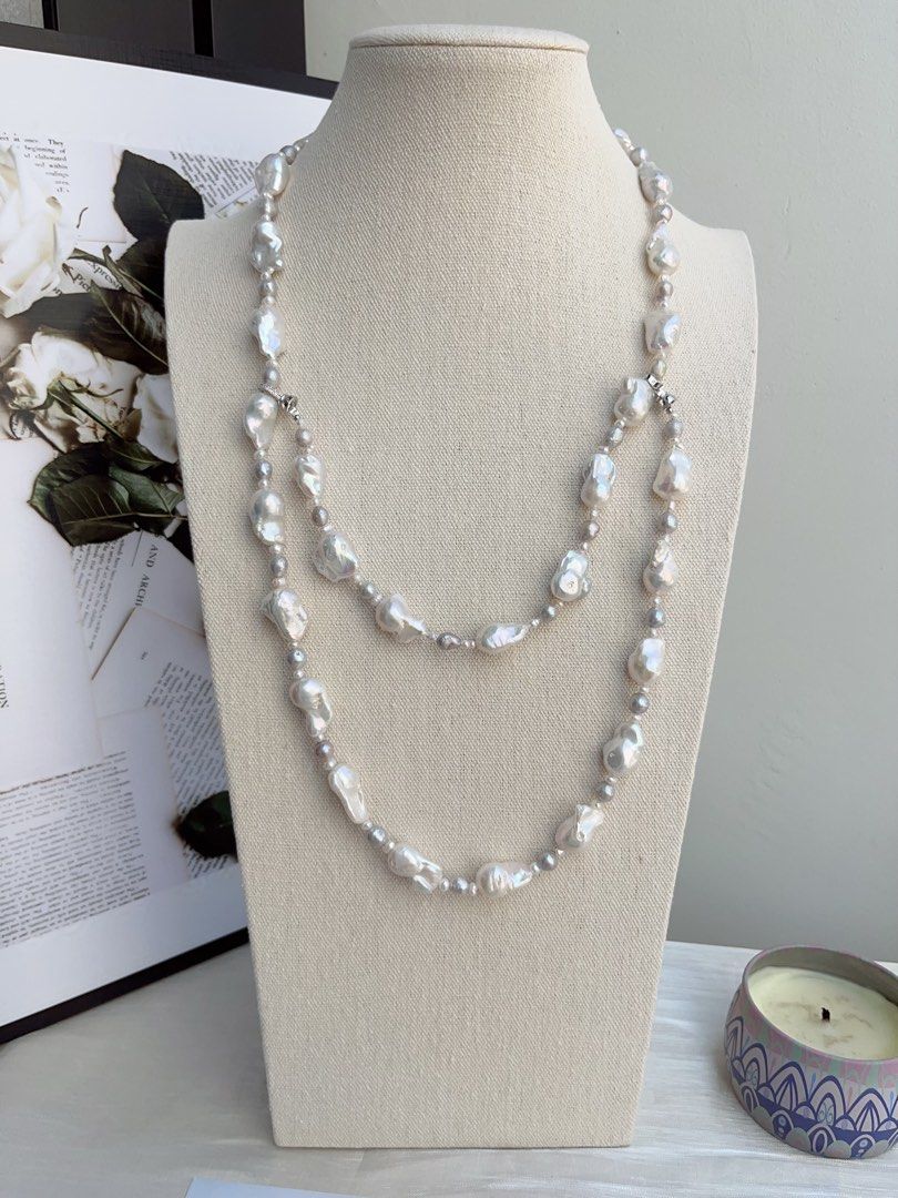 #PN863 Freshwater Pearl Necklace |98cm Long Sweater Necklace | Flexible Wearing Length| Multiple Way of Wearing | Small-medium Fishtail Baroque | Two Rounds| Powerful & Elegant | Perfect for Gift 💝