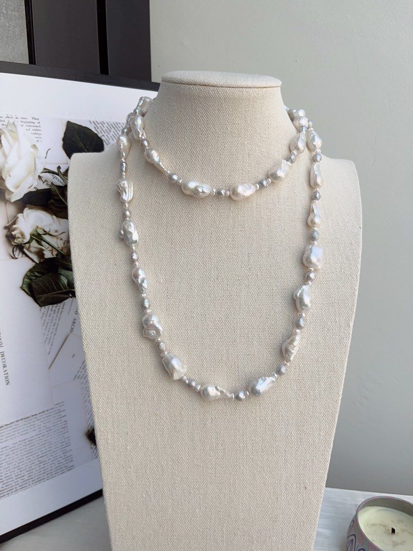 #PN863 Freshwater Pearl Necklace |98cm Long Sweater Necklace | Flexible Wearing Length| Multiple Way of Wearing | Small-medium Fishtail Baroque | Two Rounds| Powerful & Elegant | Perfect for Gift 💝