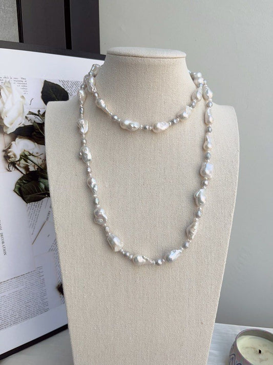 #PN863 Freshwater Pearl Necklace |98cm Long Sweater Necklace | Flexible Wearing Length| Multiple Way of Wearing | Small-medium Fishtail Baroque | Two Rounds| Powerful & Elegant | Perfect for Gift 💝