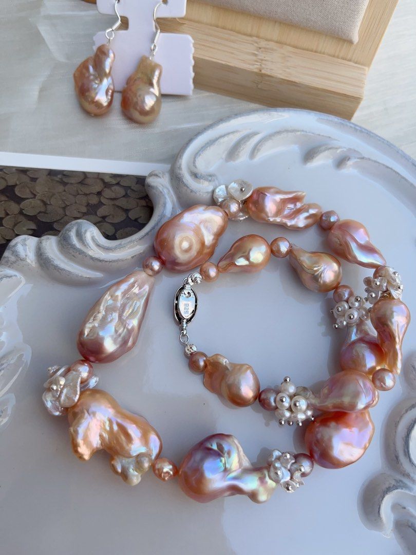 #PN864 [Floral Series] Freshwater Pearl Necklace & Earrings Set | Lustrous | Irregular Baroque | Petals Pearl | Orange-Purple-Pink Colour | Natural Defects| Grand Occasion Jewelry