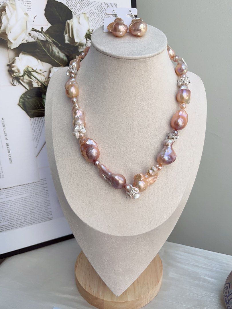 #PN864 [Floral Series] Freshwater Pearl Necklace & Earrings Set | Lustrous | Irregular Baroque | Petals Pearl | Orange-Purple-Pink Colour | Natural Defects| Grand Occasion Jewelry