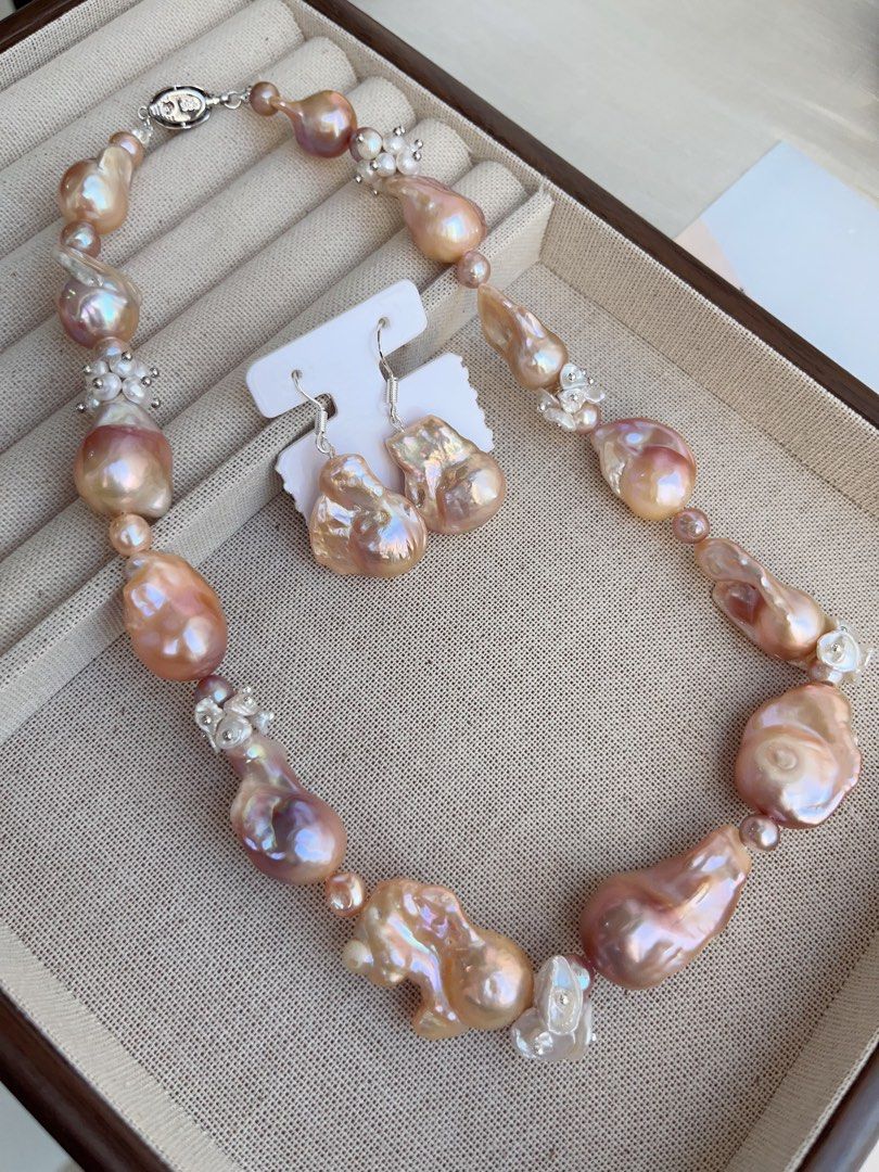 #PN864 [Floral Series] Freshwater Pearl Necklace & Earrings Set | Lustrous | Irregular Baroque | Petals Pearl | Orange-Purple-Pink Colour | Natural Defects| Grand Occasion Jewelry