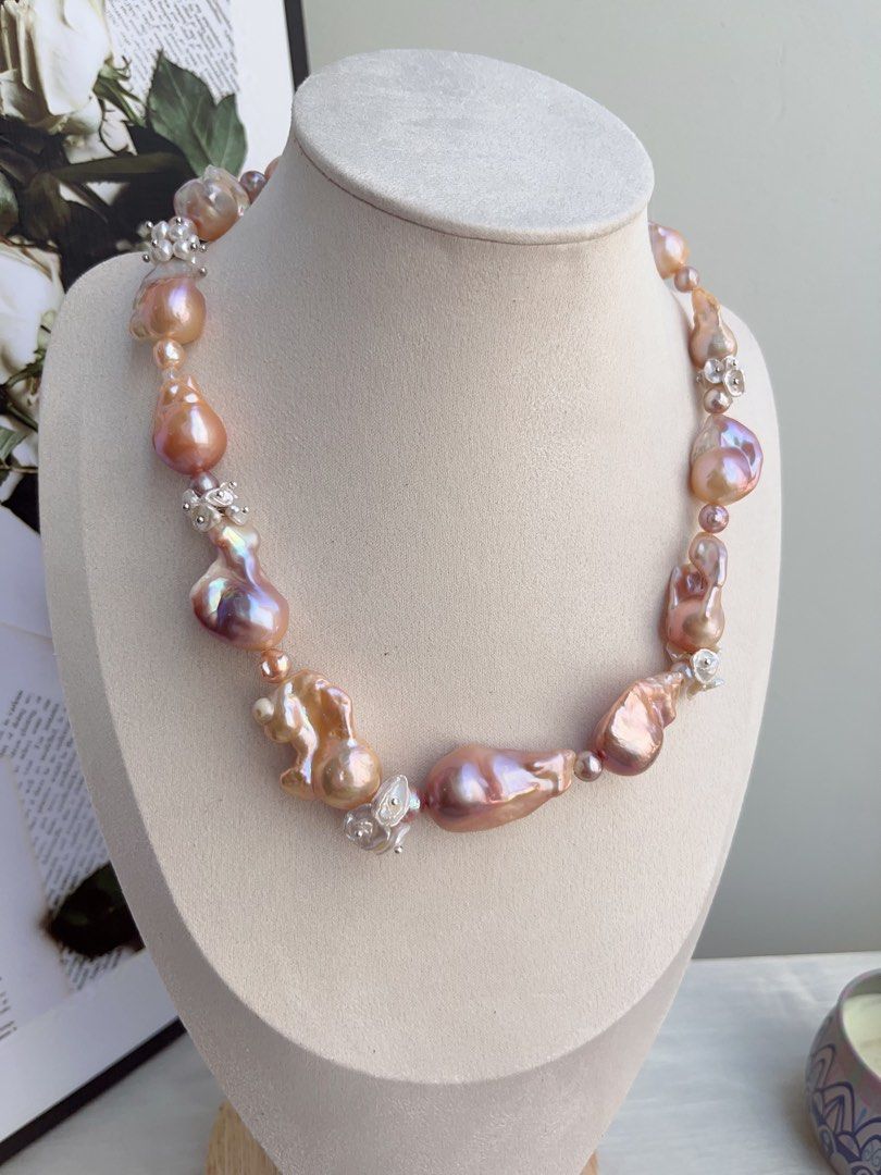 #PN864 [Floral Series] Freshwater Pearl Necklace & Earrings Set | Lustrous | Irregular Baroque | Petals Pearl | Orange-Purple-Pink Colour | Natural Defects| Grand Occasion Jewelry