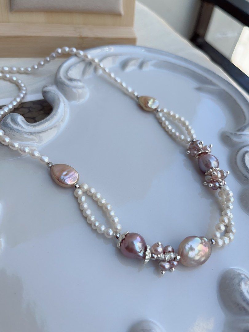 #PN868 [Floral Series] Freshwater Pearl Necklace | Avocado Lustre Baroque | Water-drop Pearl| 2-layer| Shine Every Day, Effortlessly | Anniversary Gift 💝