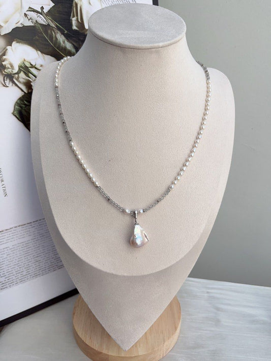 #PN870 Freshwater Pearl Necklace | Moonstone | Removable Dumpling Shaped Baroque Pendant | Subtle, Yet Stunning