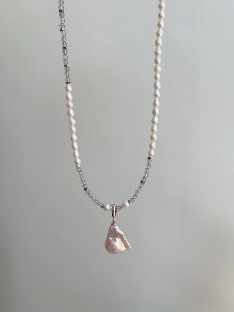 #PN870 Freshwater Pearl Necklace | Moonstone | Removable Dumpling Shaped Baroque Pendant | Subtle, Yet Stunning