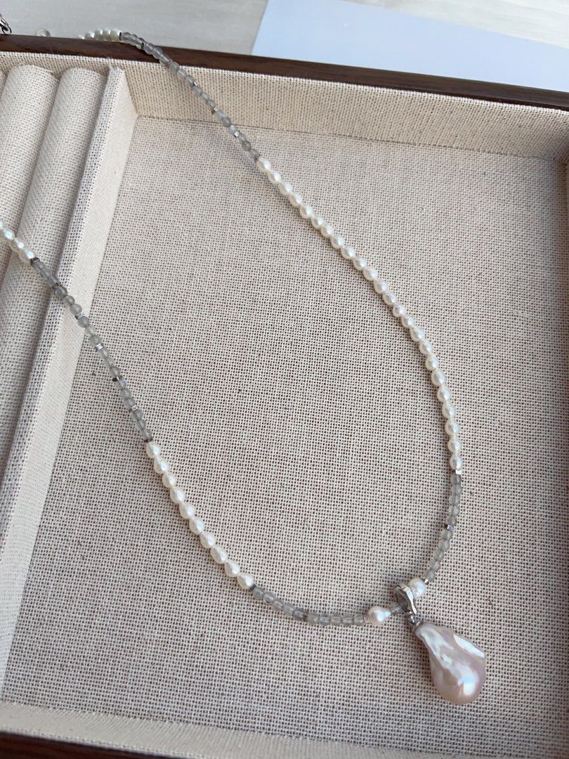 #PN870 Freshwater Pearl Necklace | Moonstone | Removable Dumpling Shaped Baroque Pendant | Subtle, Yet Stunning