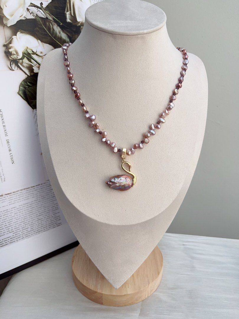 #PN873 Freshwater Pearl Necklace | Swan 🦢 Lake Design | Detachable Pendant | Metallic Purple Baroque | Amethyst Beads| Add A Little Luxury