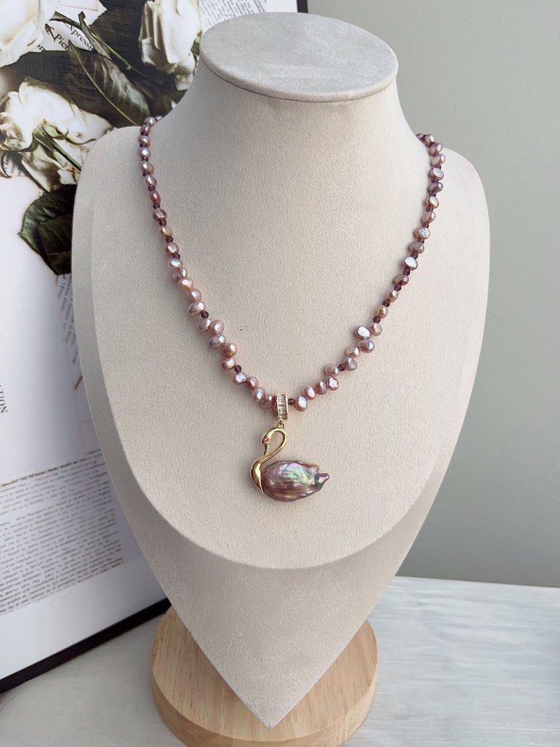 #PN873 Freshwater Pearl Necklace | Swan 🦢 Lake Design | Detachable Pendant | Metallic Purple Baroque | Amethyst Beads| Add A Little Luxury