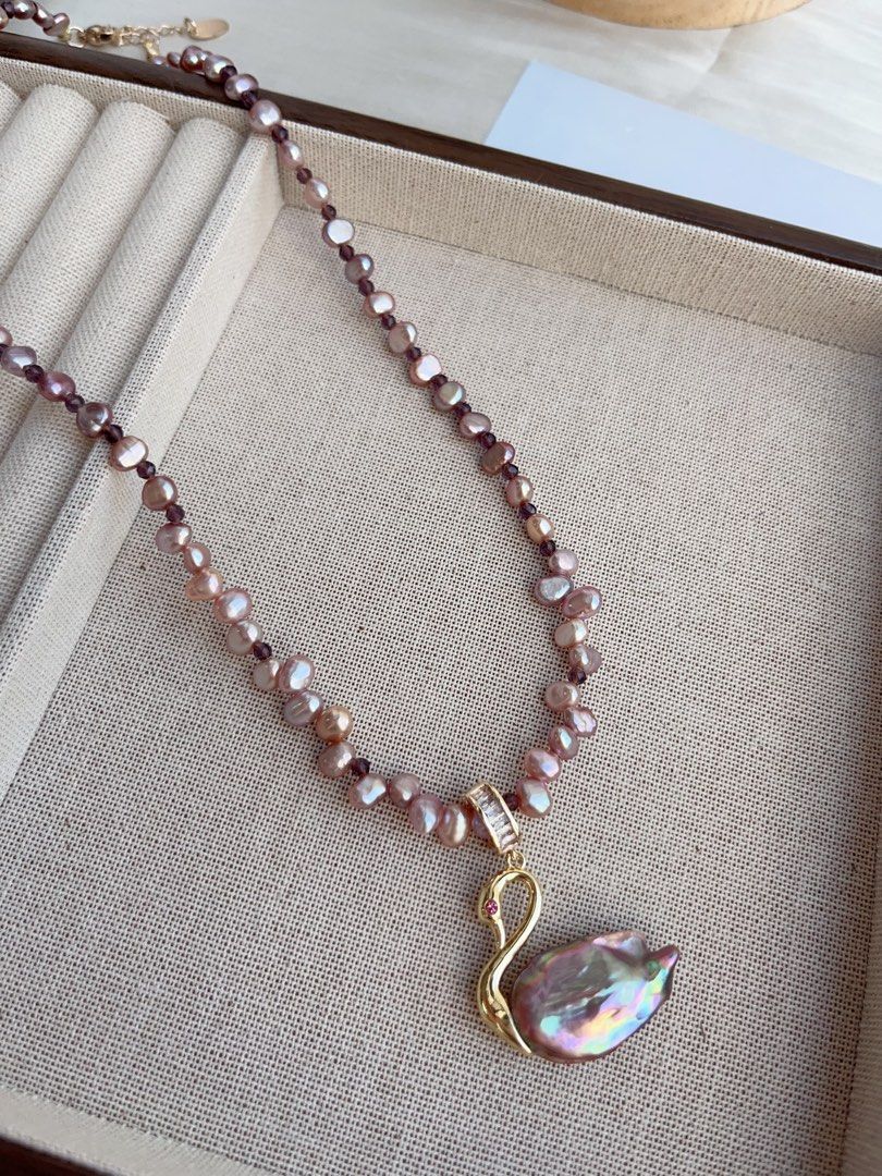#PN873 Freshwater Pearl Necklace | Swan 🦢 Lake Design | Detachable Pendant | Metallic Purple Baroque | Amethyst Beads| Add A Little Luxury