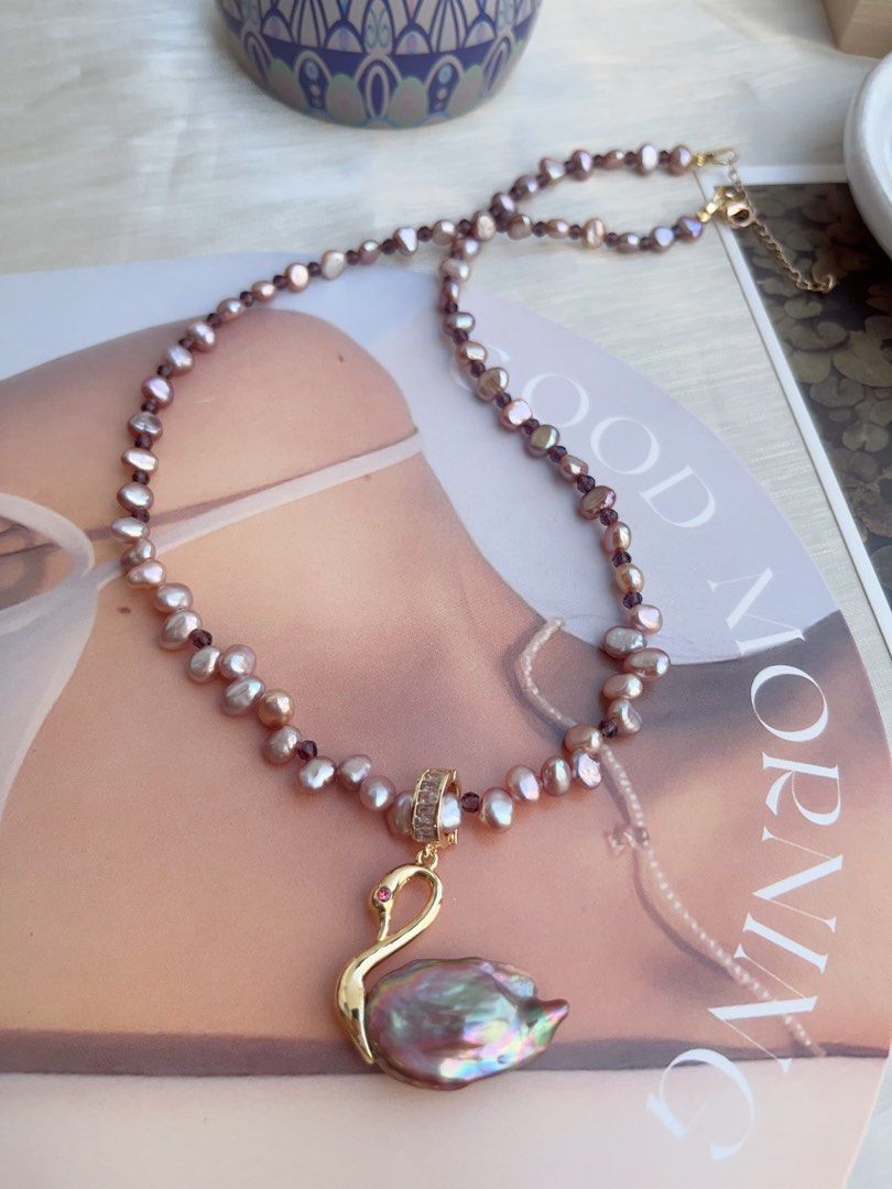 #PN873 Freshwater Pearl Necklace | Swan 🦢 Lake Design | Detachable Pendant | Metallic Purple Baroque | Amethyst Beads| Add A Little Luxury