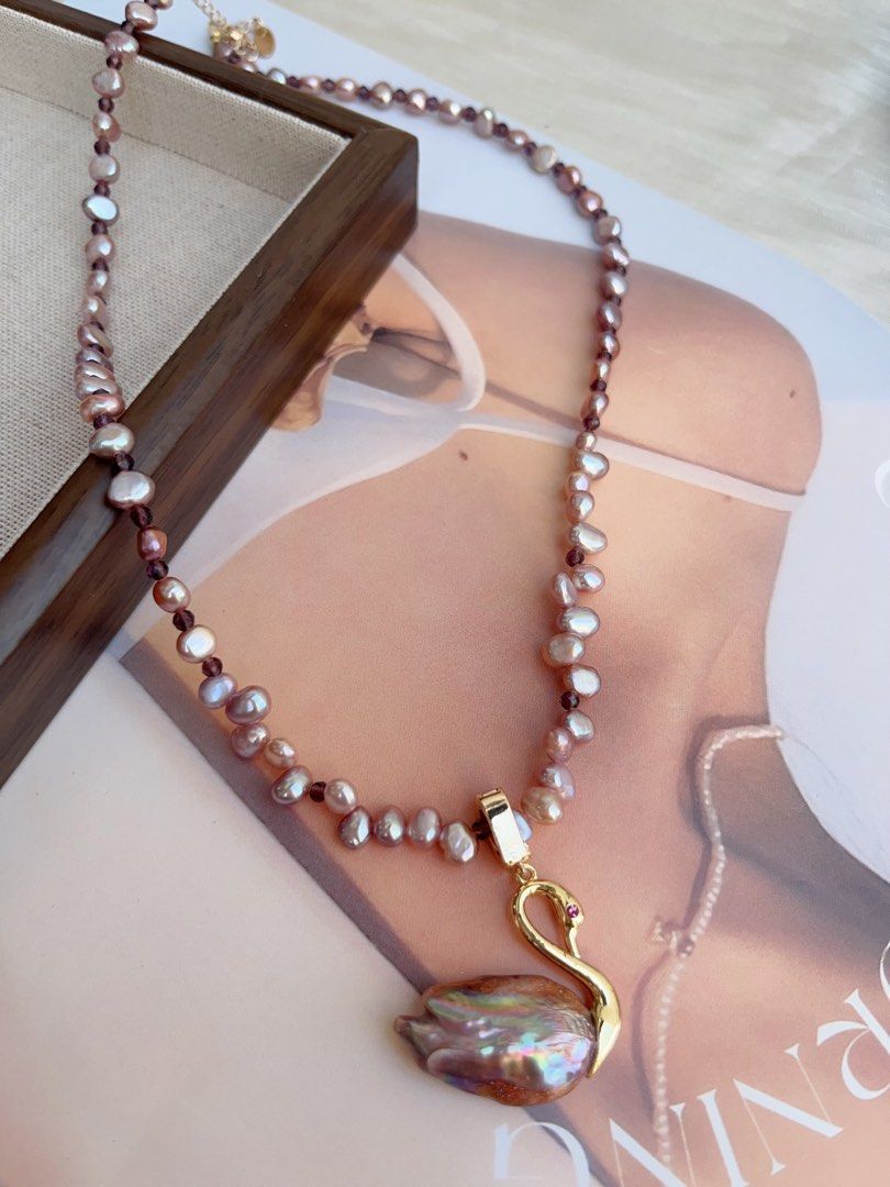 #PN873 Freshwater Pearl Necklace | Swan 🦢 Lake Design | Detachable Pendant | Metallic Purple Baroque | Amethyst Beads| Add A Little Luxury