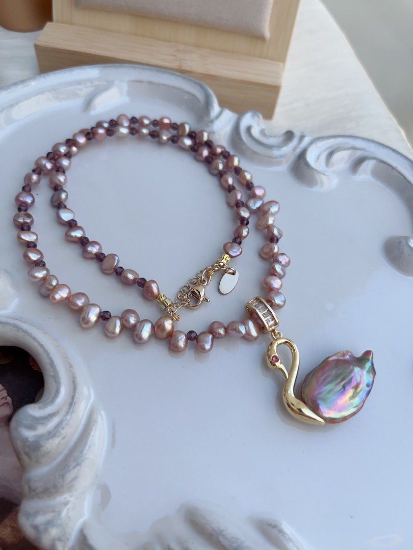 #PN873 Freshwater Pearl Necklace | Swan 🦢 Lake Design | Detachable Pendant | Metallic Purple Baroque | Amethyst Beads| Add A Little Luxury