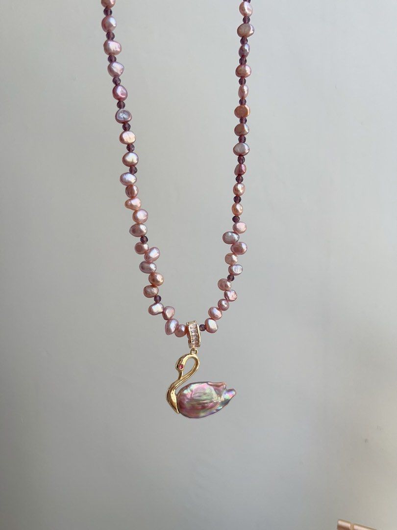 #PN873 Freshwater Pearl Necklace | Swan 🦢 Lake Design | Detachable Pendant | Metallic Purple Baroque | Amethyst Beads| Add A Little Luxury