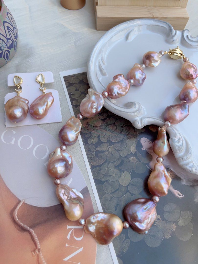 #PN875 Freshwater Pearl Necklace & Earrings Set | Big Lustrous Fishtail Baroque Pearl | Lavender Purple | Natural Flaws | Dumpling Shape | Because You Deserve Radiance | Perfect For Gift| Wedding, Anniversary, Birthday