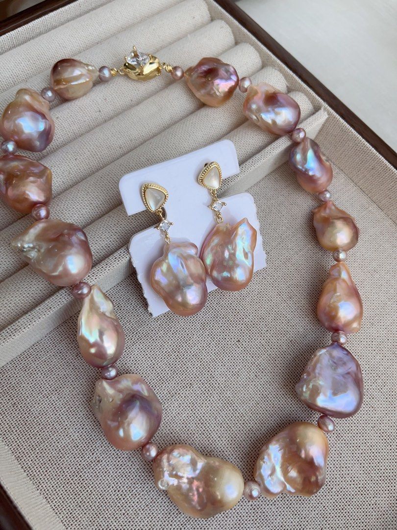 #PN875 Freshwater Pearl Necklace & Earrings Set | Big Lustrous Fishtail Baroque Pearl | Lavender Purple | Natural Flaws | Dumpling Shape | Because You Deserve Radiance | Perfect For Gift| Wedding, Anniversary, Birthday