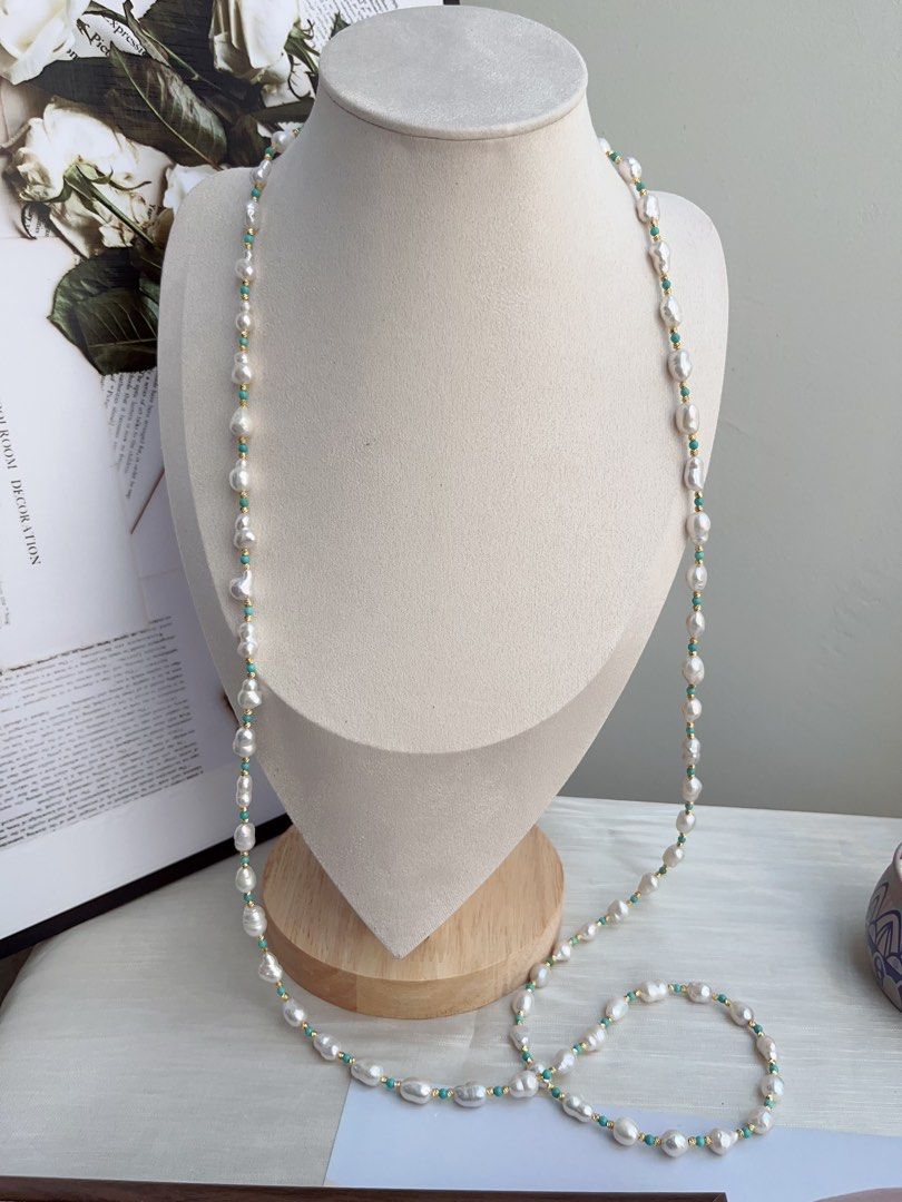 #PN876 Freshwater Pearl Necklace | 110cm Long Sweater Necklace | Turquoise | Various Wearing | Blue Summer| Baroque | Gift 🎁 for Loved Ones