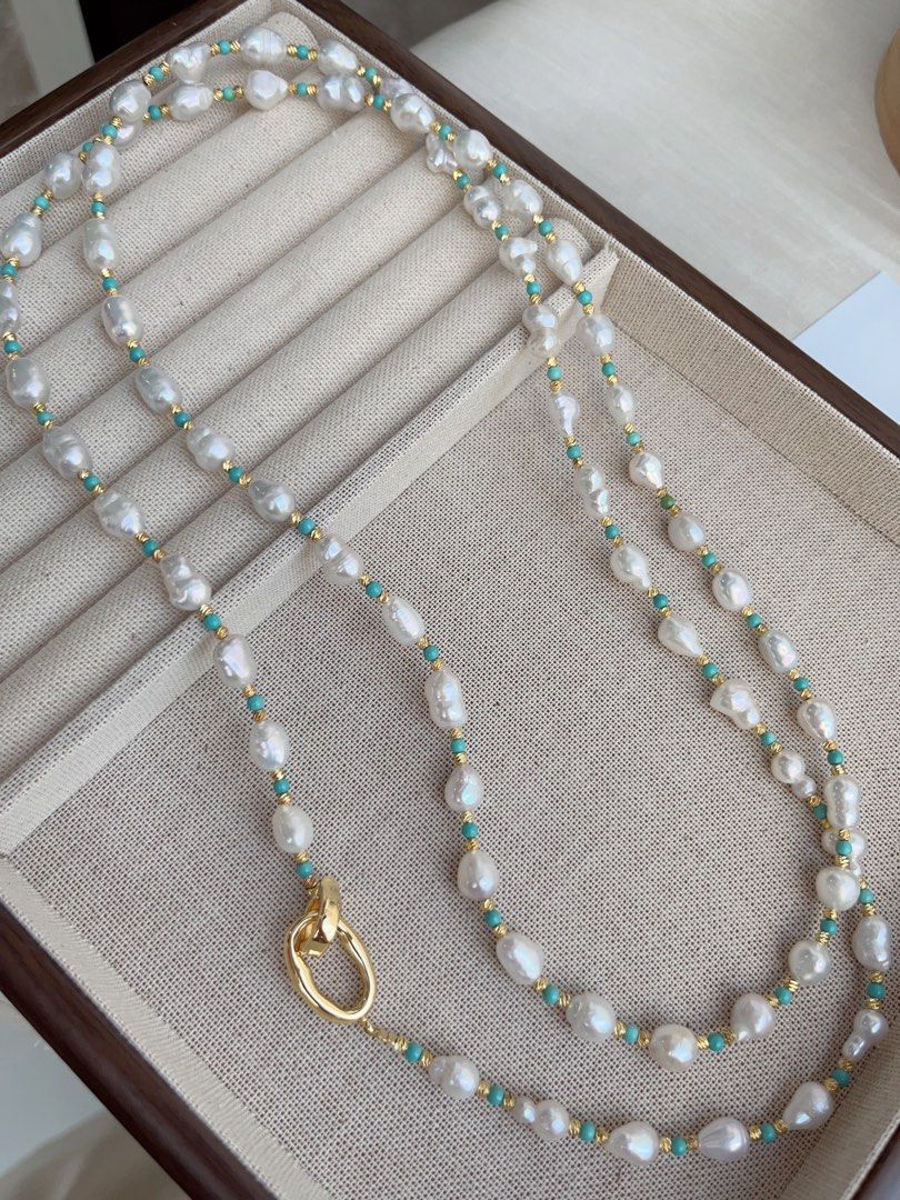 #PN876 Freshwater Pearl Necklace | 110cm Long Sweater Necklace | Turquoise | Various Wearing | Blue Summer| Baroque | Gift 🎁 for Loved Ones