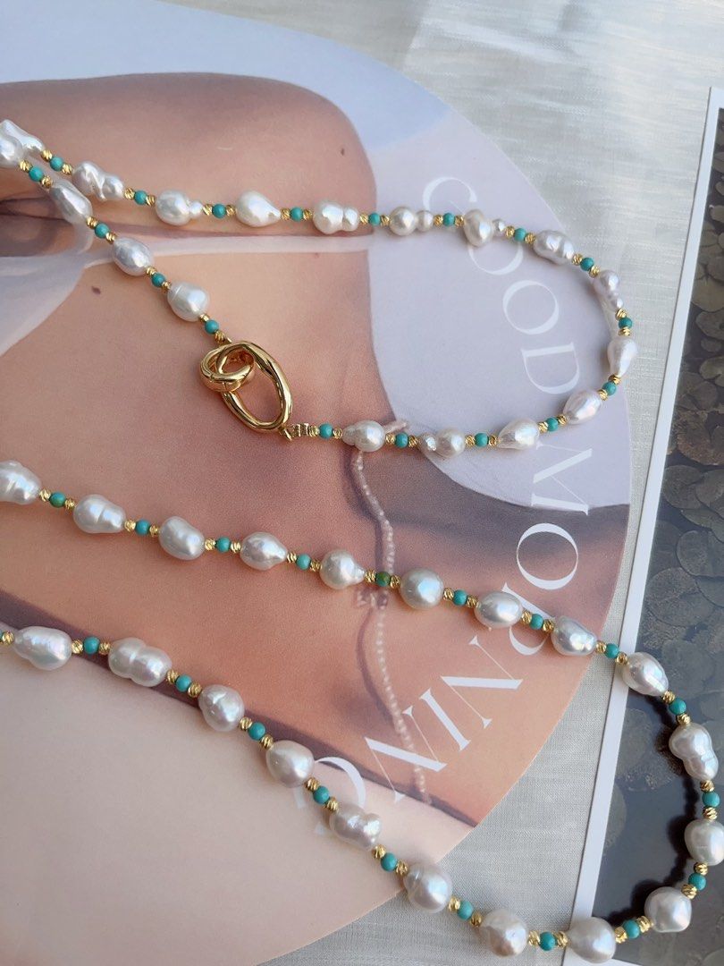 #PN876 Freshwater Pearl Necklace | 110cm Long Sweater Necklace | Turquoise | Various Wearing | Blue Summer| Baroque | Gift 🎁 for Loved Ones