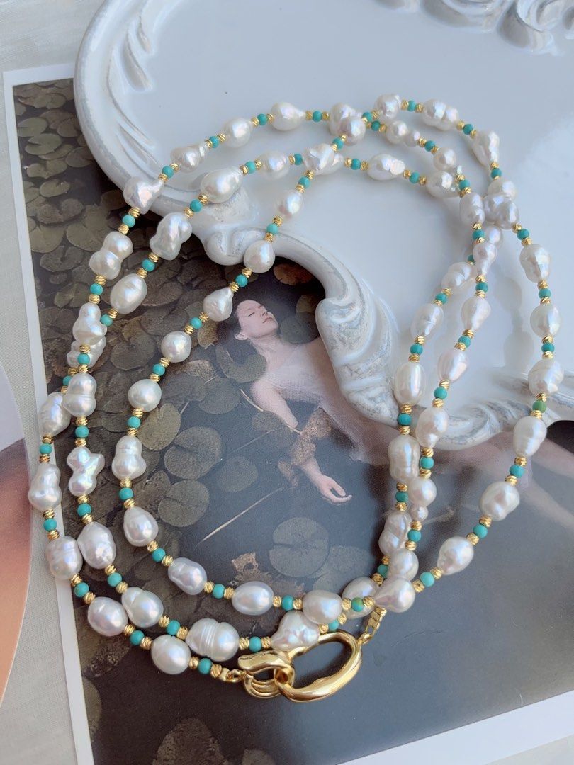 #PN876 Freshwater Pearl Necklace | 110cm Long Sweater Necklace | Turquoise | Various Wearing | Blue Summer| Baroque | Gift 🎁 for Loved Ones