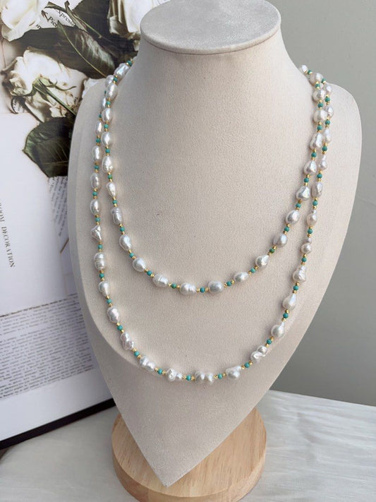 #PN876 Freshwater Pearl Necklace | 110cm Long Sweater Necklace | Turquoise | Various Wearing | Blue Summer| Baroque | Gift 🎁 for Loved Ones