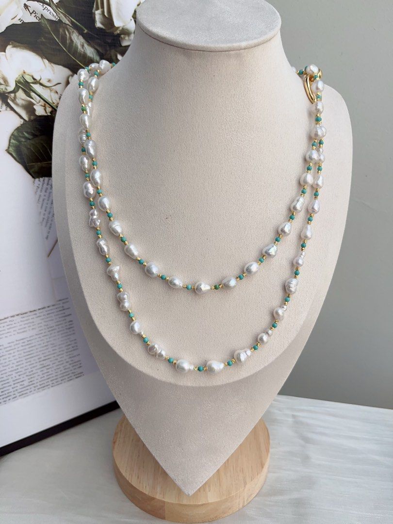 #PN876 Freshwater Pearl Necklace | 110cm Long Sweater Necklace | Turquoise | Various Wearing | Blue Summer| Baroque | Gift 🎁 for Loved Ones
