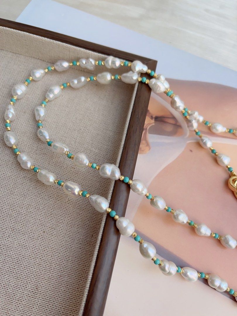 #PN876 Freshwater Pearl Necklace | 110cm Long Sweater Necklace | Turquoise | Various Wearing | Blue Summer| Baroque | Gift 🎁 for Loved Ones