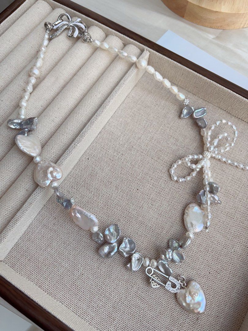 #PN877 Freshwater Pearl Necklace | Heart Baroque | 2-layered Ribbon 🎀 Design | Heart Pendant | Blue-Silver Petals| Appreciating Your Beloved Ones| 🎁