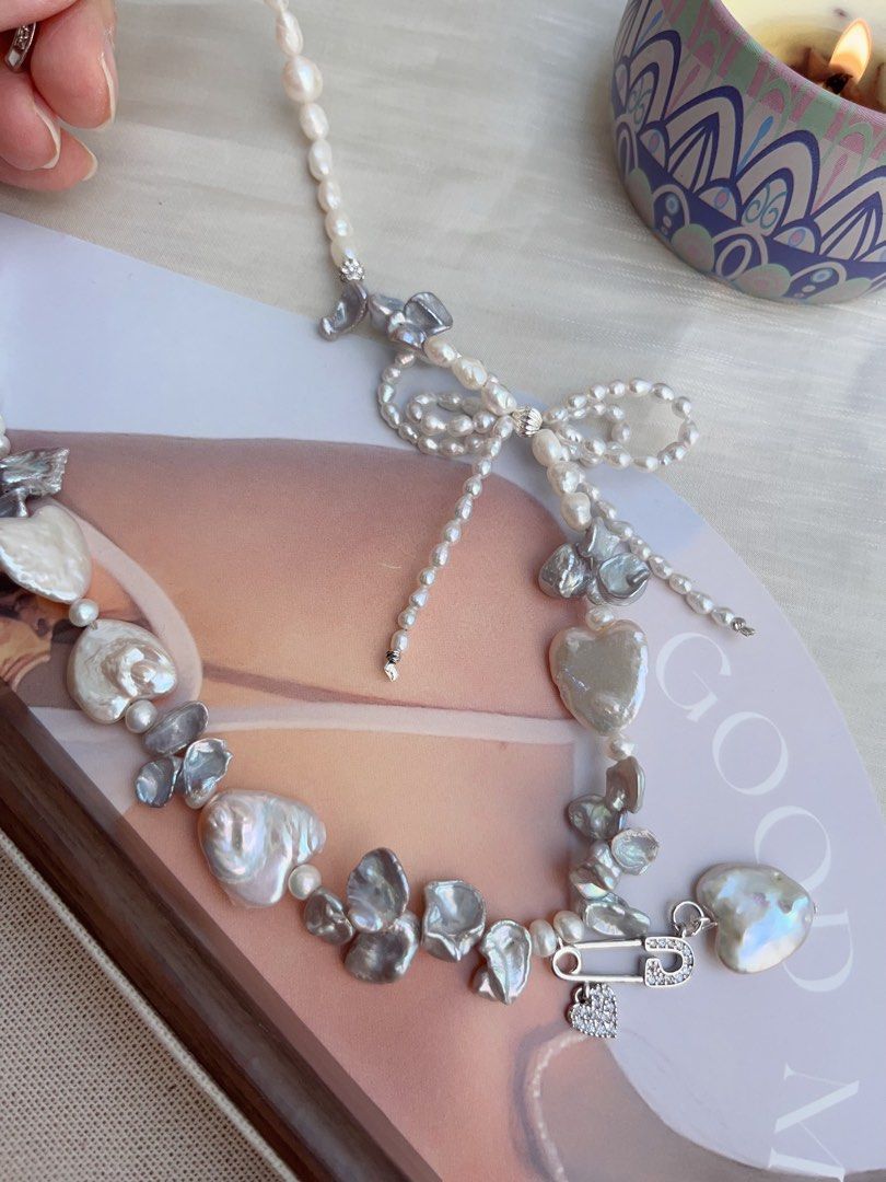#PN877 Freshwater Pearl Necklace | Heart Baroque | 2-layered Ribbon 🎀 Design | Heart Pendant | Blue-Silver Petals| Appreciating Your Beloved Ones| 🎁