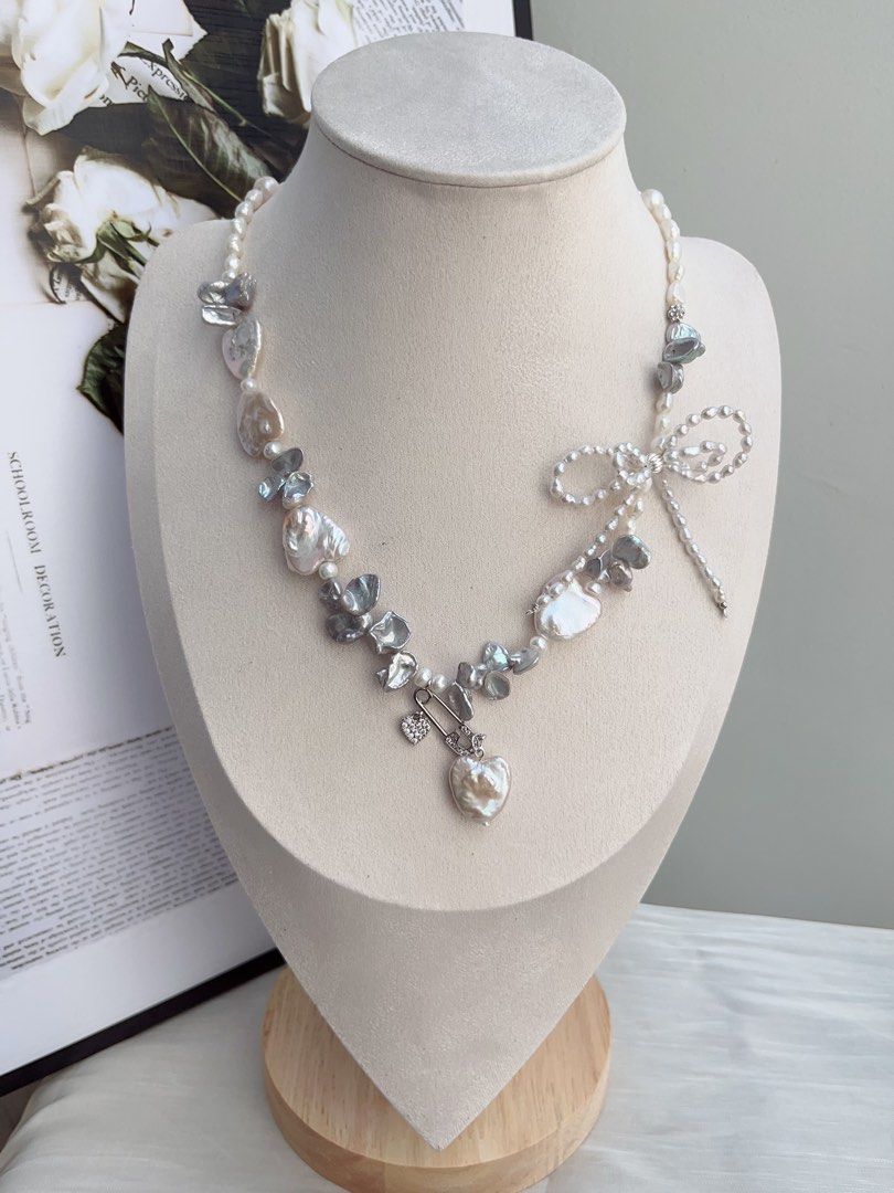 #PN877 Freshwater Pearl Necklace | Heart Baroque | 2-layered Ribbon 🎀 Design | Heart Pendant | Blue-Silver Petals| Appreciating Your Beloved Ones| 🎁