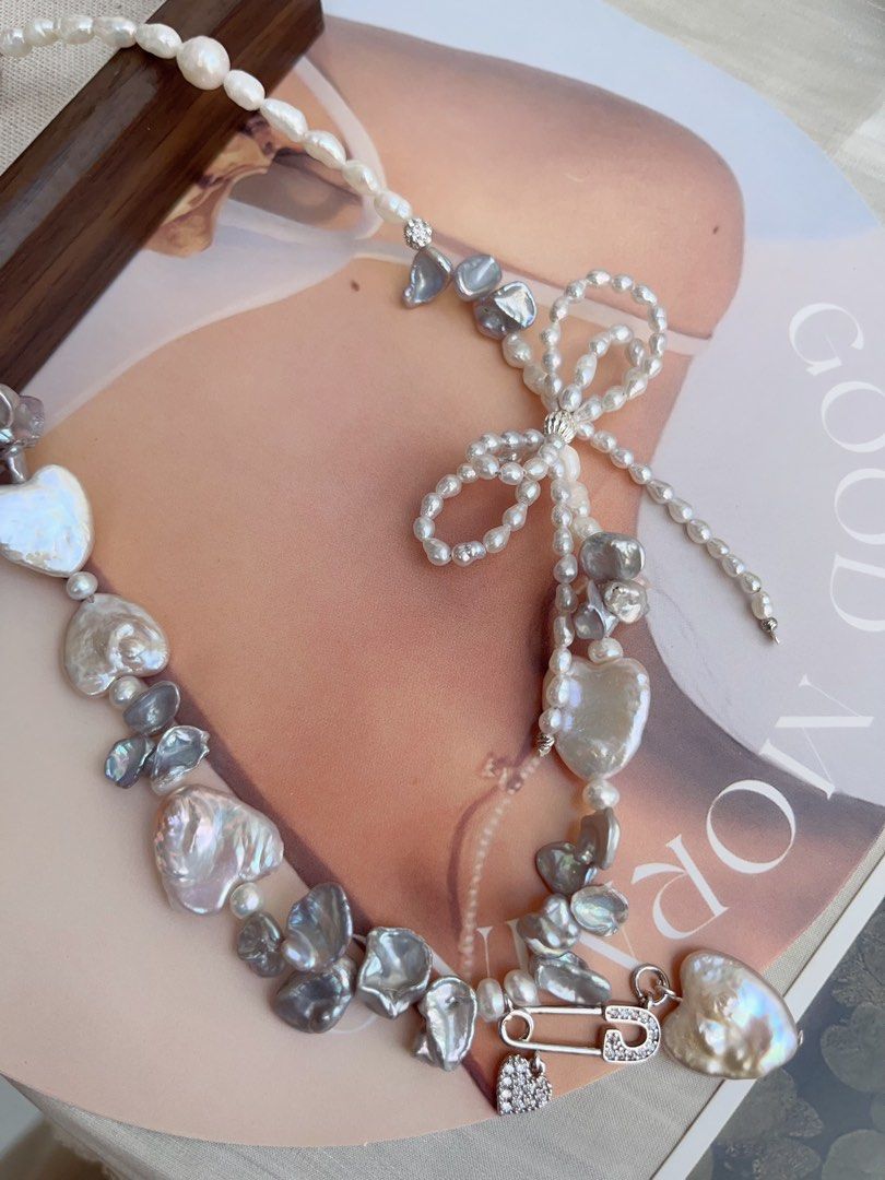#PN877 Freshwater Pearl Necklace | Heart Baroque | 2-layered Ribbon 🎀 Design | Heart Pendant | Blue-Silver Petals| Appreciating Your Beloved Ones| 🎁