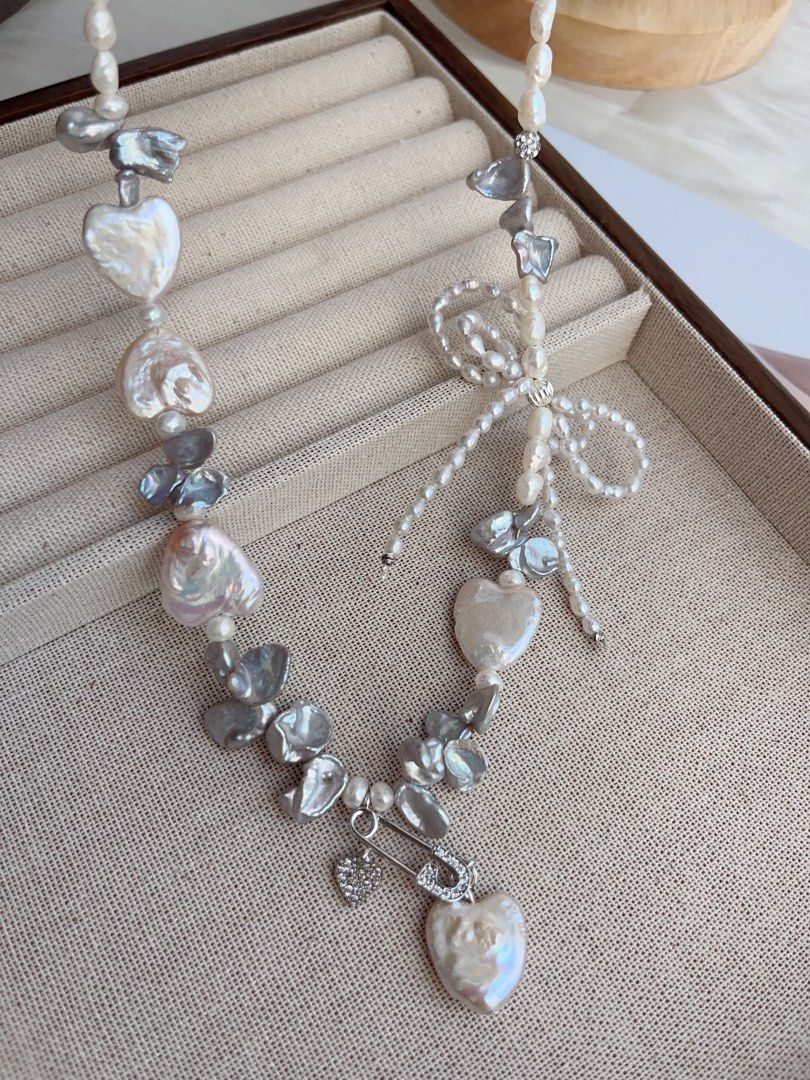 #PN877 Freshwater Pearl Necklace | Heart Baroque | 2-layered Ribbon 🎀 Design | Heart Pendant | Blue-Silver Petals| Appreciating Your Beloved Ones| 🎁