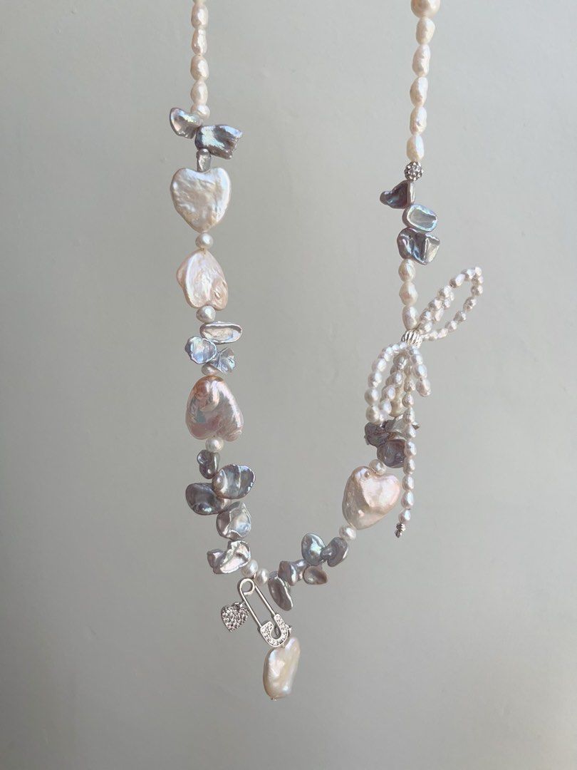 #PN877 Freshwater Pearl Necklace | Heart Baroque | 2-layered Ribbon 🎀 Design | Heart Pendant | Blue-Silver Petals| Appreciating Your Beloved Ones| 🎁
