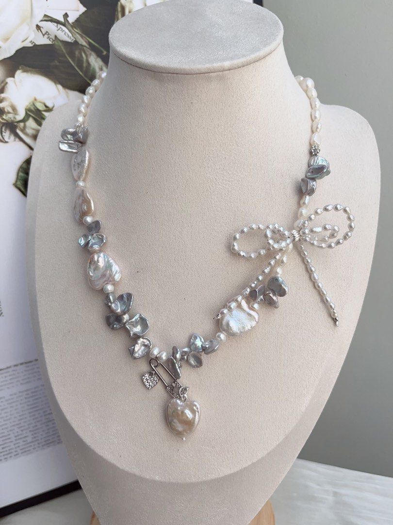 #PN877 Freshwater Pearl Necklace | Heart Baroque | 2-layered Ribbon 🎀 Design | Heart Pendant | Blue-Silver Petals| Appreciating Your Beloved Ones| 🎁