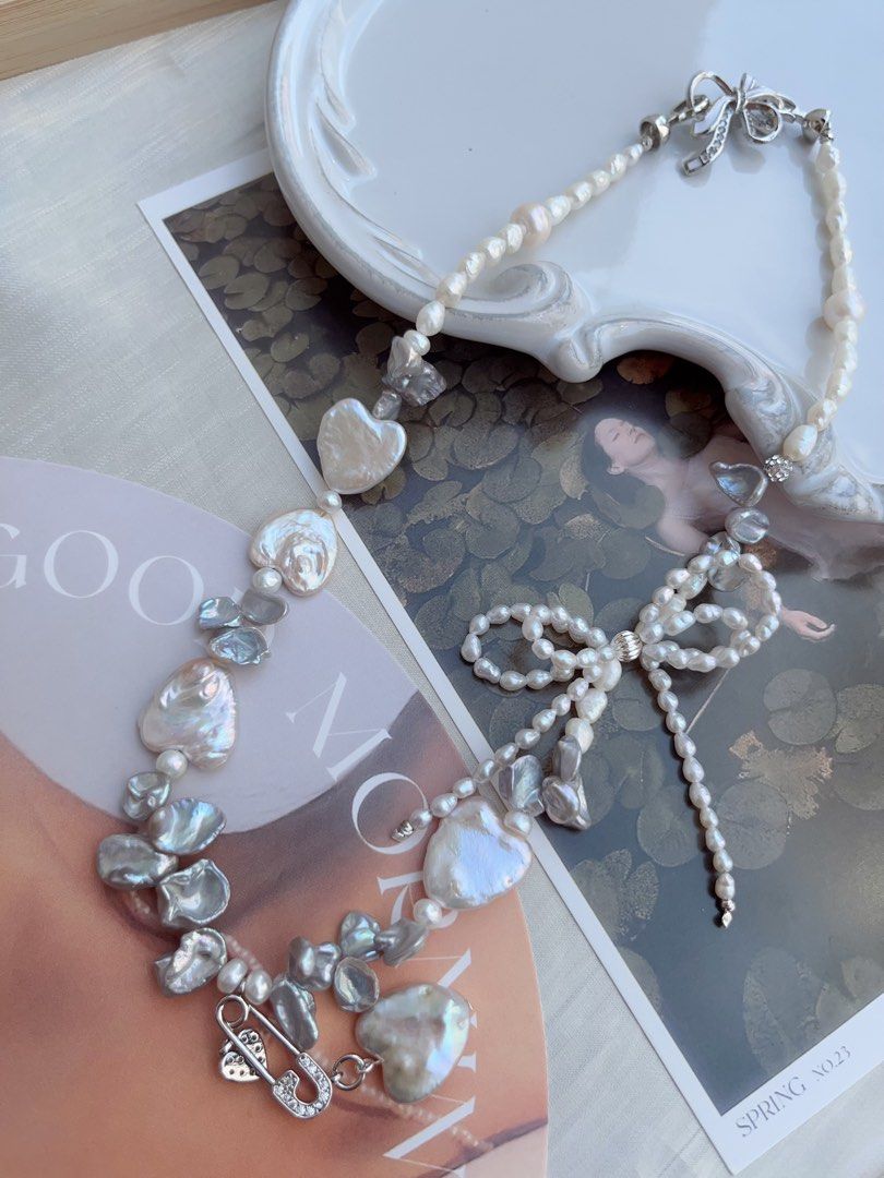 #PN877 Freshwater Pearl Necklace | Heart Baroque | 2-layered Ribbon 🎀 Design | Heart Pendant | Blue-Silver Petals| Appreciating Your Beloved Ones| 🎁