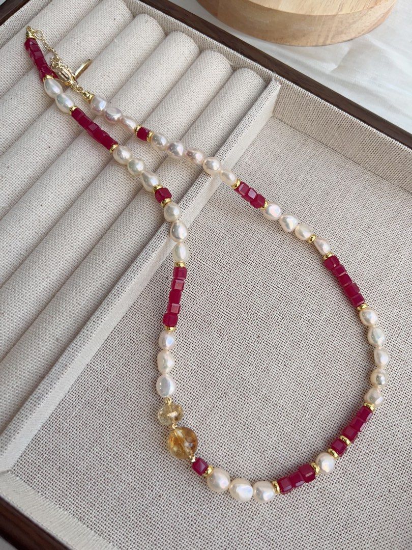 #PN878 Freshwater Pearl Necklace | Ruby Square | Citrine | Lustrous Baroque Pearl | Feminine Power | Gift 💝 for Anniversary