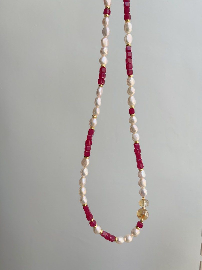 #PN878 Freshwater Pearl Necklace | Ruby Square | Citrine | Lustrous Baroque Pearl | Feminine Power | Gift 💝 for Anniversary